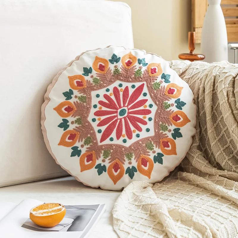 Moroccan Ethnic 45cm Round Cushion Cover Mandala Floral Embroidery Home Decor Living Room Throw Pillow Case Ball Decorative