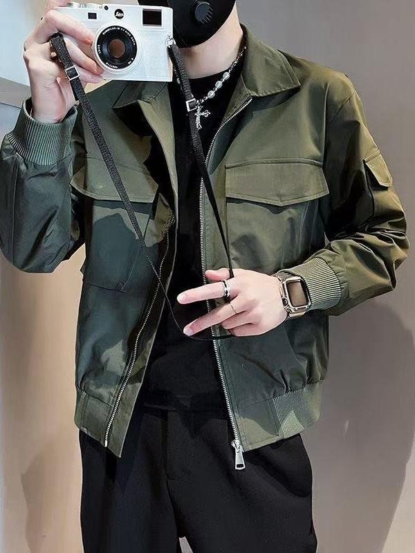 Trendy Men's Solid Color Multi-Pocket Workwear Jacket for Spring & Autumn
