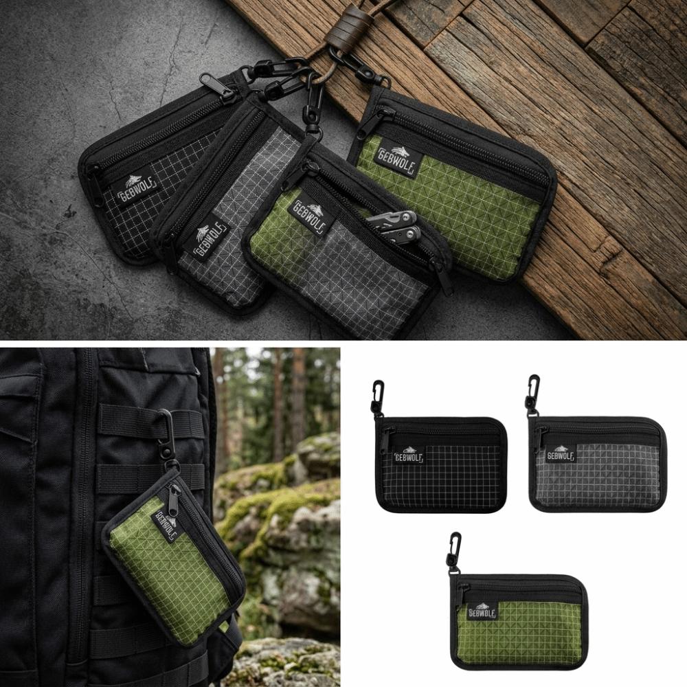 Portable Fabric Zip Wallet Black Grid Pattern Passport Holder Zipper Closure Key Clip Coin Purse Daily Commute