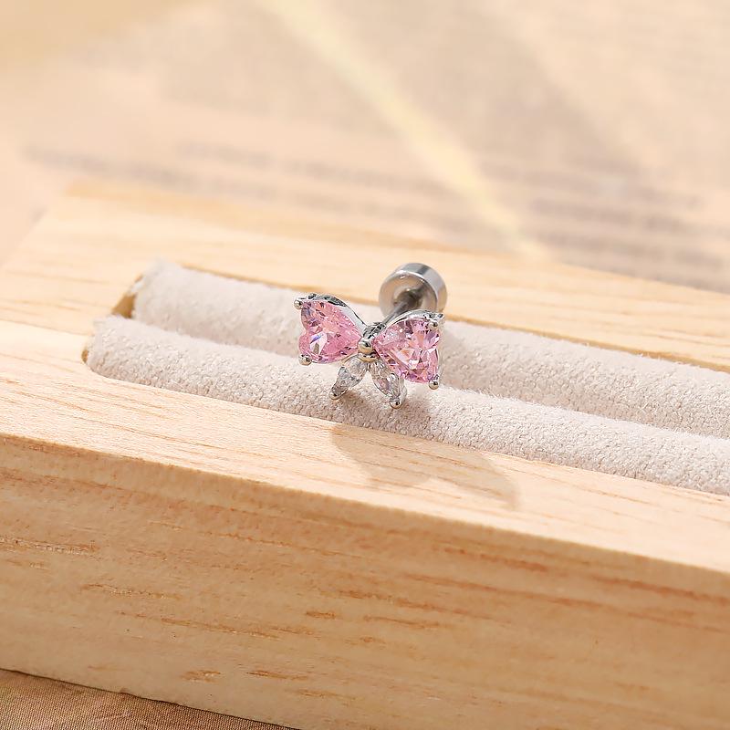 Pink Sweet Butterfly Zirconia Titanium Steel Ear Cartilage Studs for Women - Versatile, High-End Double Spiral Screw Design.