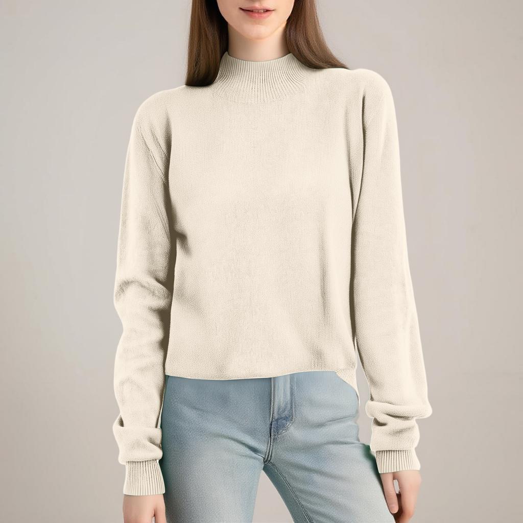 Women's Fashion Flat-Knit Half-Turtleneck Pullover Sweater Solid Color Long-Sleeve Top
