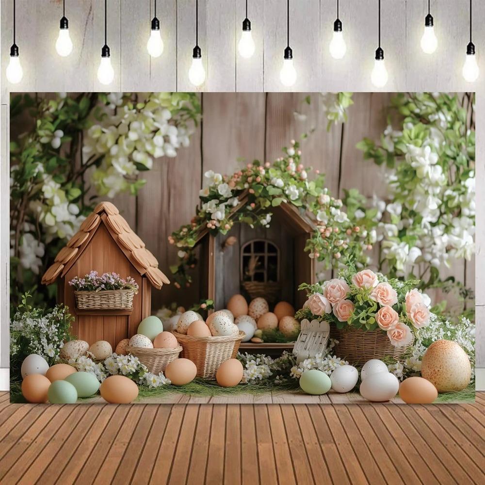 Easter Spring Wooden House Flower Egg Basket Countryside Photography Background, Children Portrait Party Photography Background2