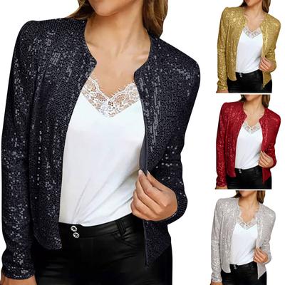 Women's Cardigan Long Sleeve Shiny Sequin Coat Open Front Casual Female Jacketc
