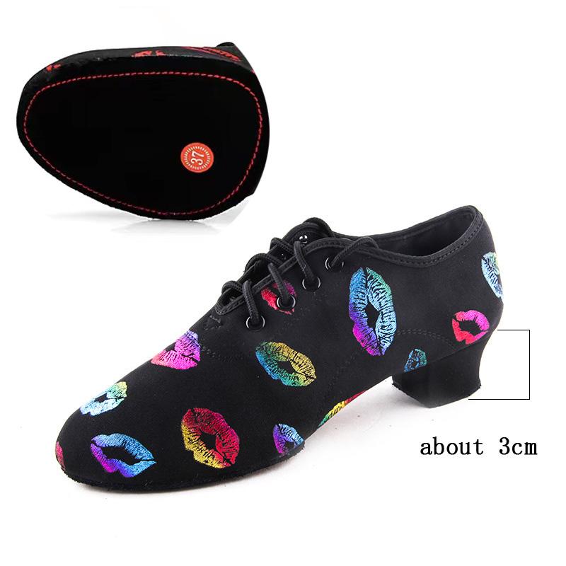 

High Heel Dance Shoes Sneakers For Women Ballroom Latin Dance Shoes Kids Adult Close Toe 3/5cm Heel Training Shoes Lip Print 34
