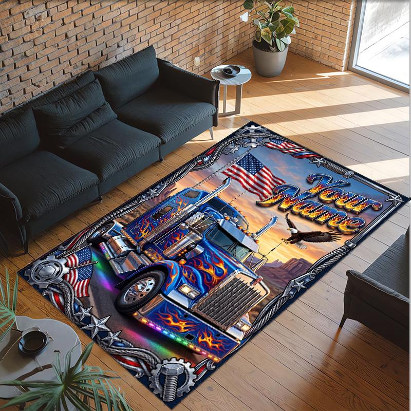 Truck Theme Crystal Velvet Rug Personalized Custom Name Text Soft Floor Mat Home Decor