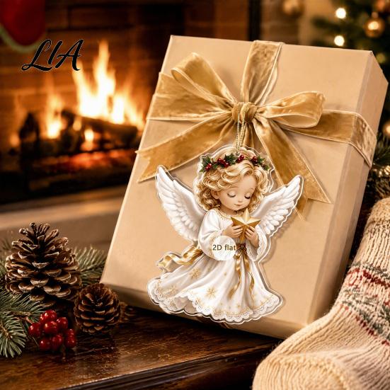 Festive Tree Ornament Christmas Angel Pendant with Lanyard, 2D Flat Acrylic Hanging for Party Decor Decoration, Cute Holiday Car Window Decoration