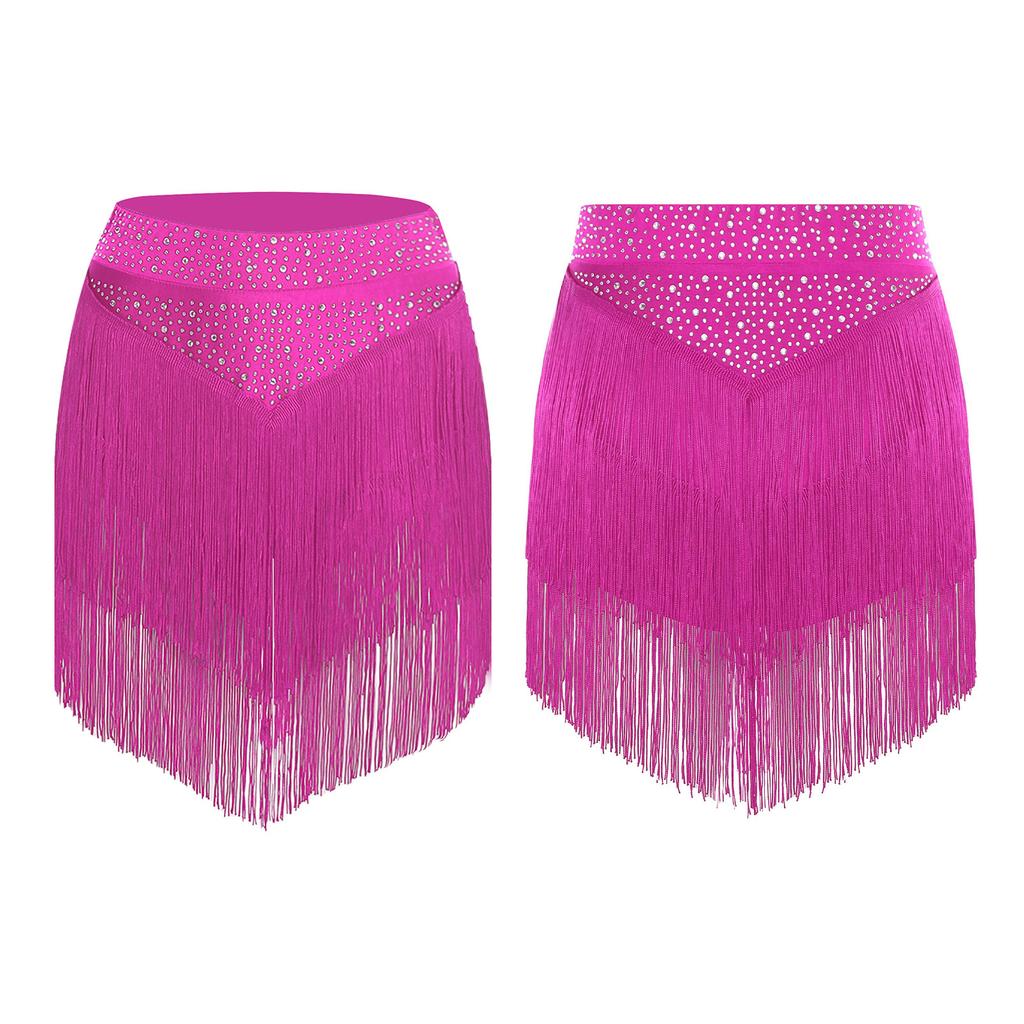 Womens Salsa Dance Costume Elastic Waist Tiered Tassel Skirt Latin Performance Competition Outfit Party Wear