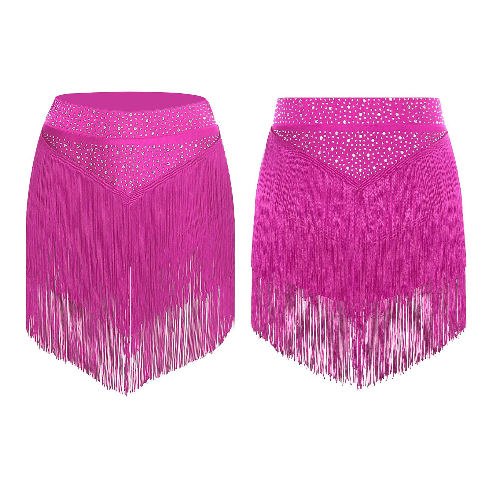 

Женская юбка для сальсы, латиноамериканских танцев S-XXL - Костюм для выступлений и соревнований с эластичным поясом и многоярусной бахромой M горячий розовый