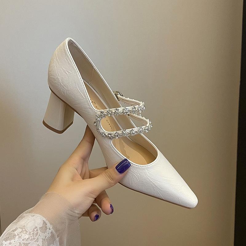 Premium design sense versatile temperament pointed high heels women's thick heel double buckle single shoes soft leather