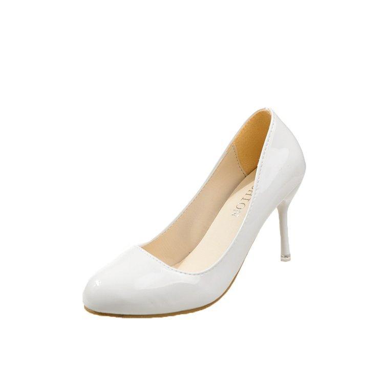 Fashion 8.5cm Women Pumps Shoes Women PU Leather Shallow Slip-On Round Toe High Heels Wedding Party Derss Shoes Mujer Plus Size 41 42 43