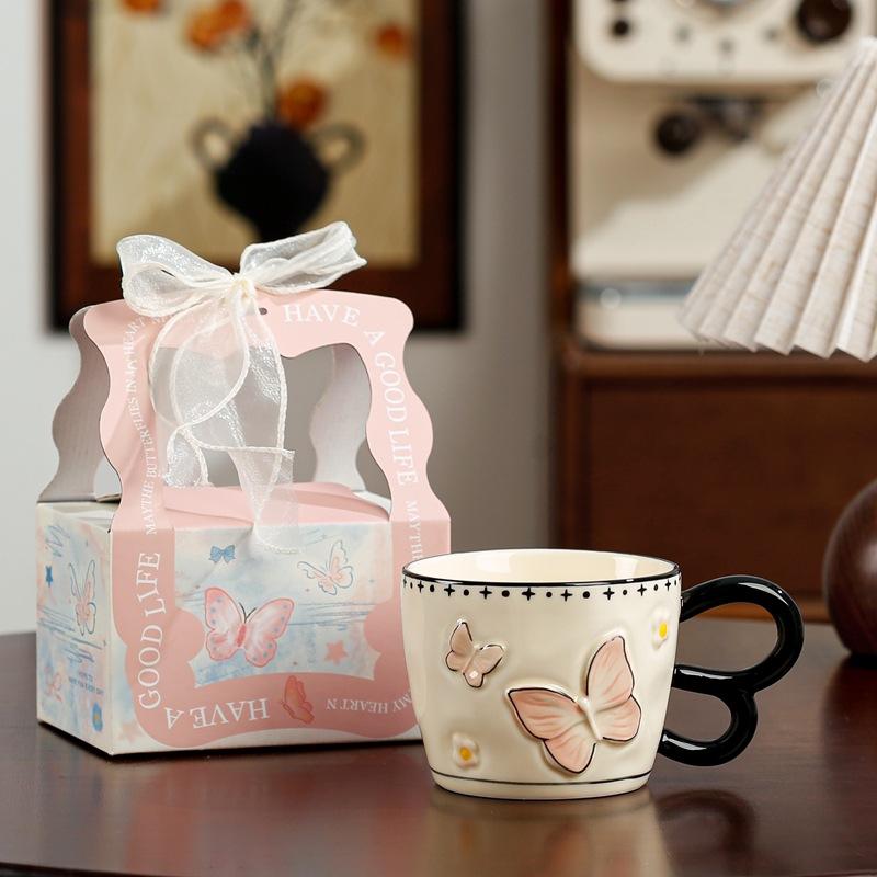 Cute Butterfly Ceramic Cup with Spoon Girl Birthday Gift Gift Gift Box Mug Couple Water Cup Office Coffee Cup