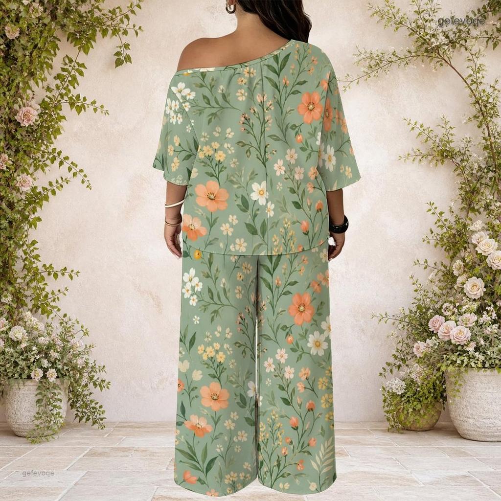 Plus Size Women Two Piece Matching Ensemble Batwing Sleeve Top Loose Long Pants