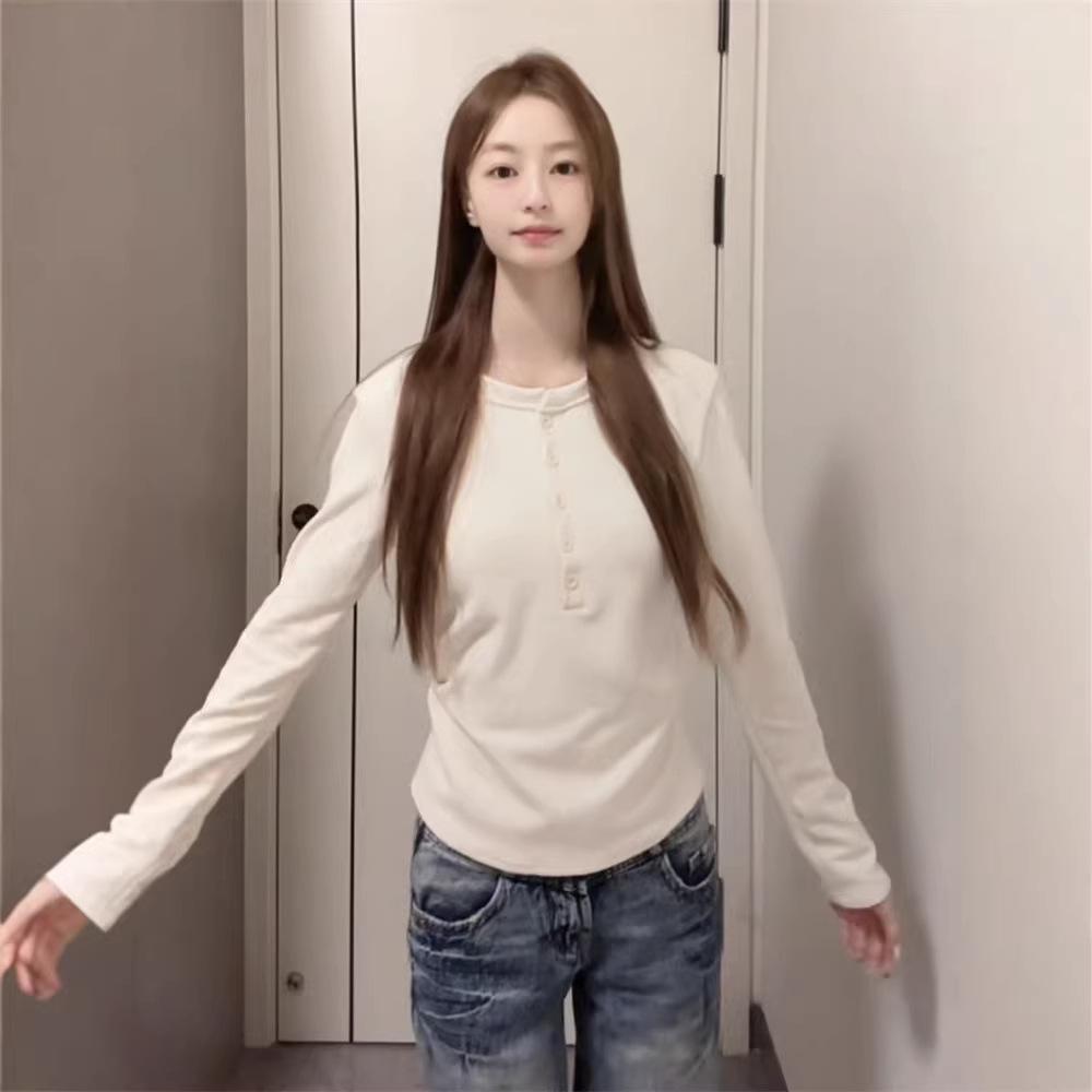 Korean Style Henley Collar Long Sleeve Women's Slim Fit Fleece Base Layer Top