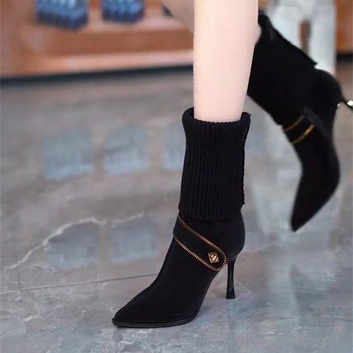 Elastic sleeve thin heel thin boots women's single boots 2025 autumn and winter zipper metal buckle with pointed high heel knight women's boots