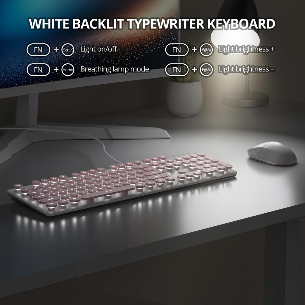 White US Layout Retro Typewriter Round 3 Brightness Full Numeric Silent for Pink & LightWired Keyboard, Style, Keycaps, Backlit, Levels, Size,