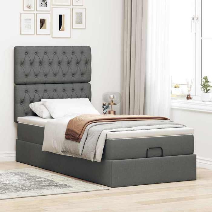 Cadre de lit avec matelas - 90x190 cm - Gris foncé - Rangement sous le lit - Mécanisme de levage hydraulique