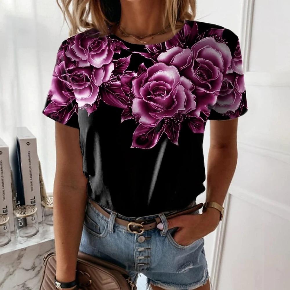 Summer Women's Rose 3D Printed Tee Shirts ONeck Pullover Floral Theme Painting Basic Tops Casually New Design Tee Shirts