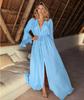 European-American Bamboo Bell Sleeve Deep V-Neck Beach Dress Cover-Up