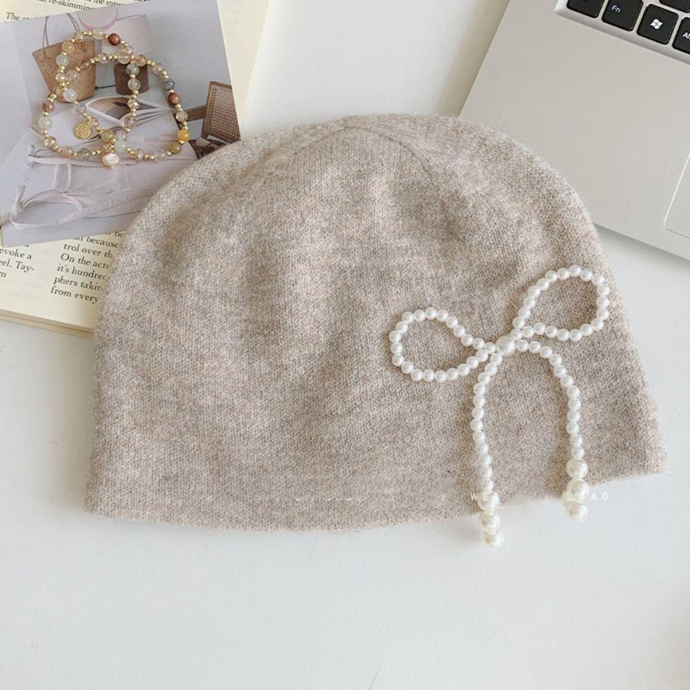 Ear Protector Pearl Bow Beanies Cap Casual Korean Wool Hat Stacking Knitted Bonnet Cap  Daily