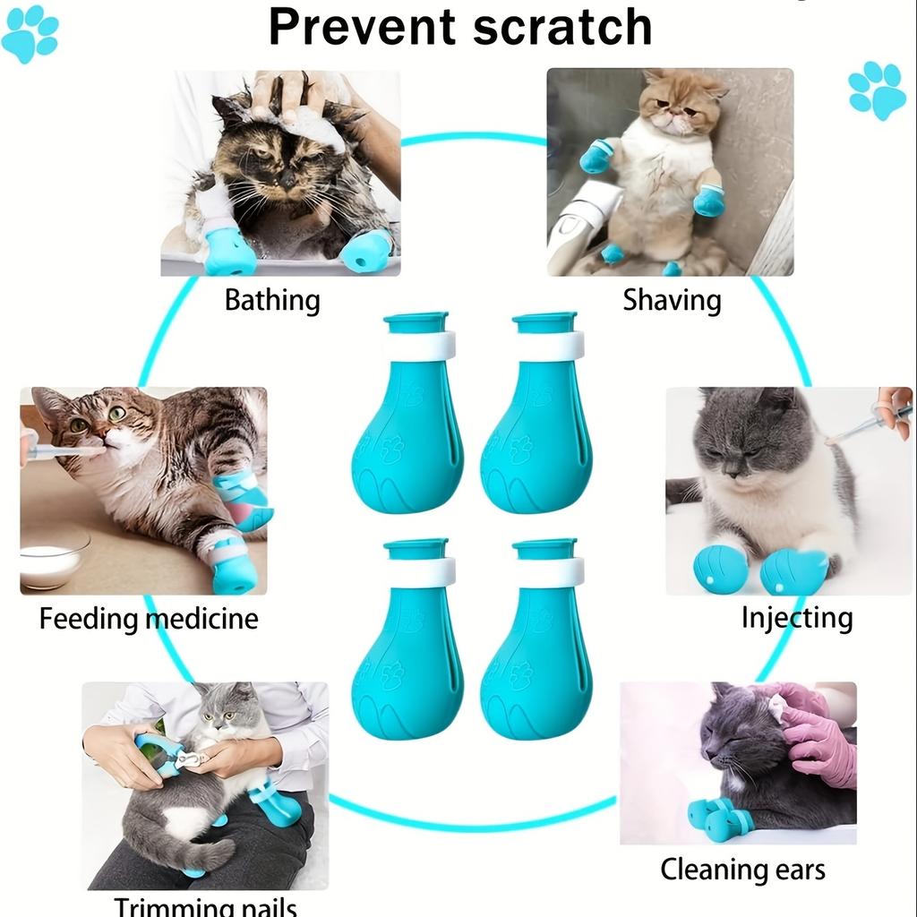 4 Stück Haustierstiefel, Katzenfußabdeckungen, Haustierbad, Katzenschuhe, Fußabdeckung, kratzfeste Silikon-Katzenkrallen-Fußabdeckung, Nagelknipser, kratzfest