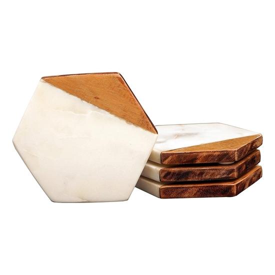 Crocon Marble & Wood Coaster Set Hexazon Shape Coaster Suitable for Home Table Cocktail Tea Coffee and Drink Coaster Size :- (9 X 9 X 1.7)