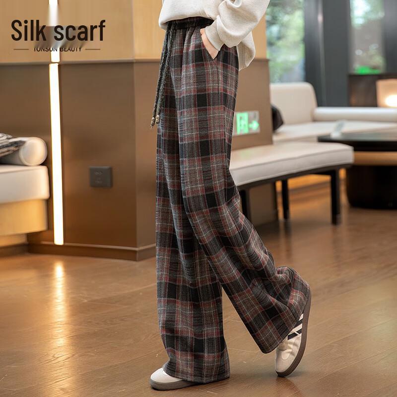

Women s Retro Drawstring Draped Wide-Leg Plaid Casual Pants L