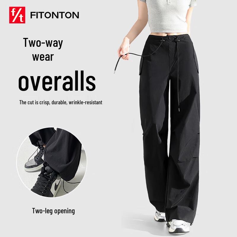 FitonTon Women's High-Waisted Drawstring Pleated Straight Leg Cargo Pants
