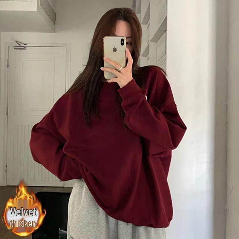 2025 Japanese-Style Solid Color Round Neck Hoodie, Trendy Casual Loose Fit, Sports Base Layer Top for Women and Couples