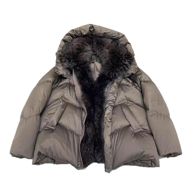 Europe Station winter new high-end fur silk fox fur collar down jacket women's short loose thickened coat