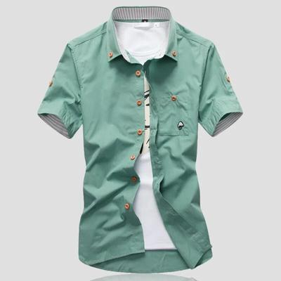 Summer Mens Pure Cotton Embroidered  Casual Solid Shirts Men's Short Sleeve Shirt Men
