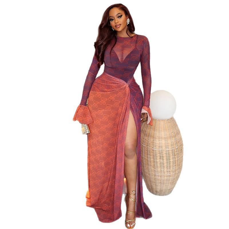 European and American Style Summer Slim-fitting Women's Clothing Light and Slightly Transparent Hip-wrapped Irregular Skirt Round Neck Pleated Long-