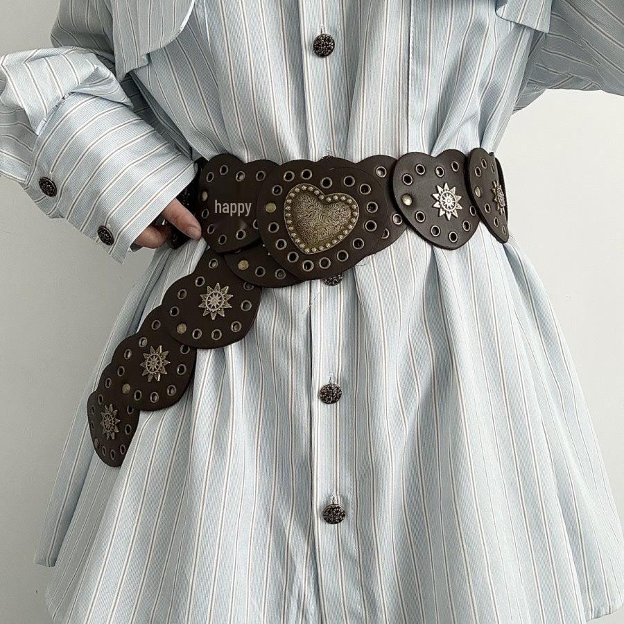 Punk Style Women's Leather Patchwork Heart Waist Chain Belt with Rivets