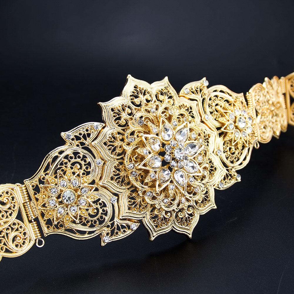Sunspicems Eleganter Kristall-Damengürtel, Metall-Taillenkette, goldfarben, verstellbare Länge, arabischer marokkanischer Brautschmuck