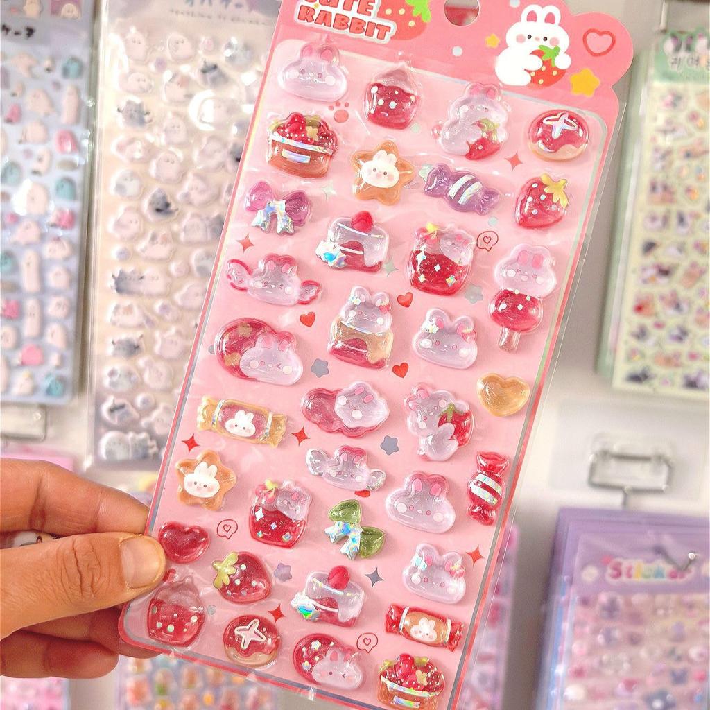 Puffy Heisei Retro Strawberry 3D Stickers, Shiny, Stickers, Style, Drop, Puffy, Pom-Pom Stickers, Cute, Transparent, Rabbit, Candy, Star, Moon,