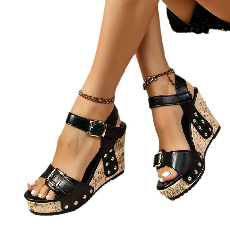 Large Size Wedge Heel Thick Sole Metal Buckle with Rivets One-word Sandals Summer Beach Women's Shoes