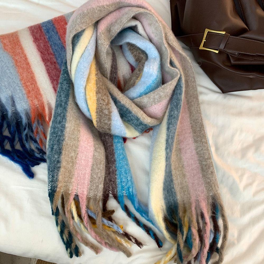 Rainbow Color Striped Wool Shawl Tassel Cape Wraps Simple Winter Mohair Scarves  Women/Men