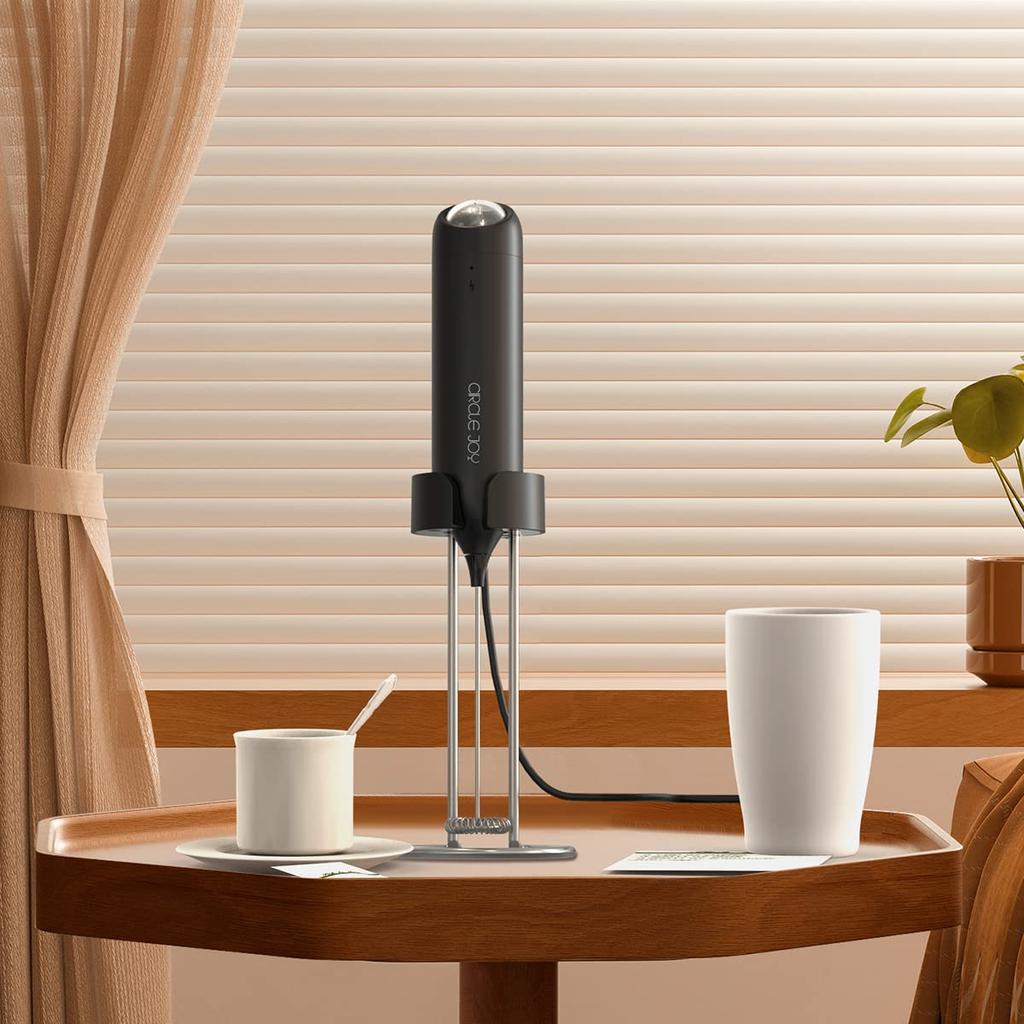 CIRCLE JOY Wall-Mounted Milk Frother, Rechargeable Milk Frother, Electric Mini Drink Mixer with 2-in-1 Stainless Steel Stand, for Coffee, Cappuccino,