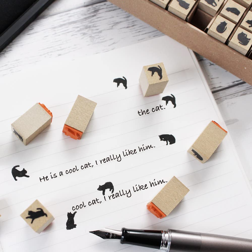 Cute Black Cat and Stylish Cat Set of Wooden Rubber A Great Made In Merchandise, Stationery, Stamps. 54-piece Stamps. Gift. Japan.