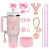 10PCS Accessories Set for Stanley Cup, 2 Straw and Brush and 1 Flower Charm Chain 3 Spill Proof Stopper Flowers Straw Cover Boot