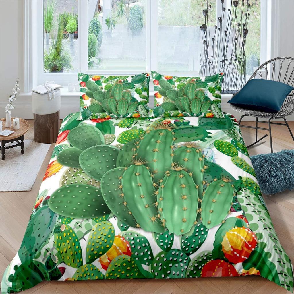 Succulents Bedding Set, Exotic Flower Duvet Cover Twin Size For Kids Boys Girls, Branches Leaf Floral Polyester Comforter Cover