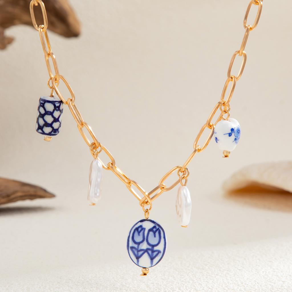 Geometry Chain Barlot Imitation Pearl Pendant Necklace For Women Vacation Ocean Handmade Collarbone Chain N0511