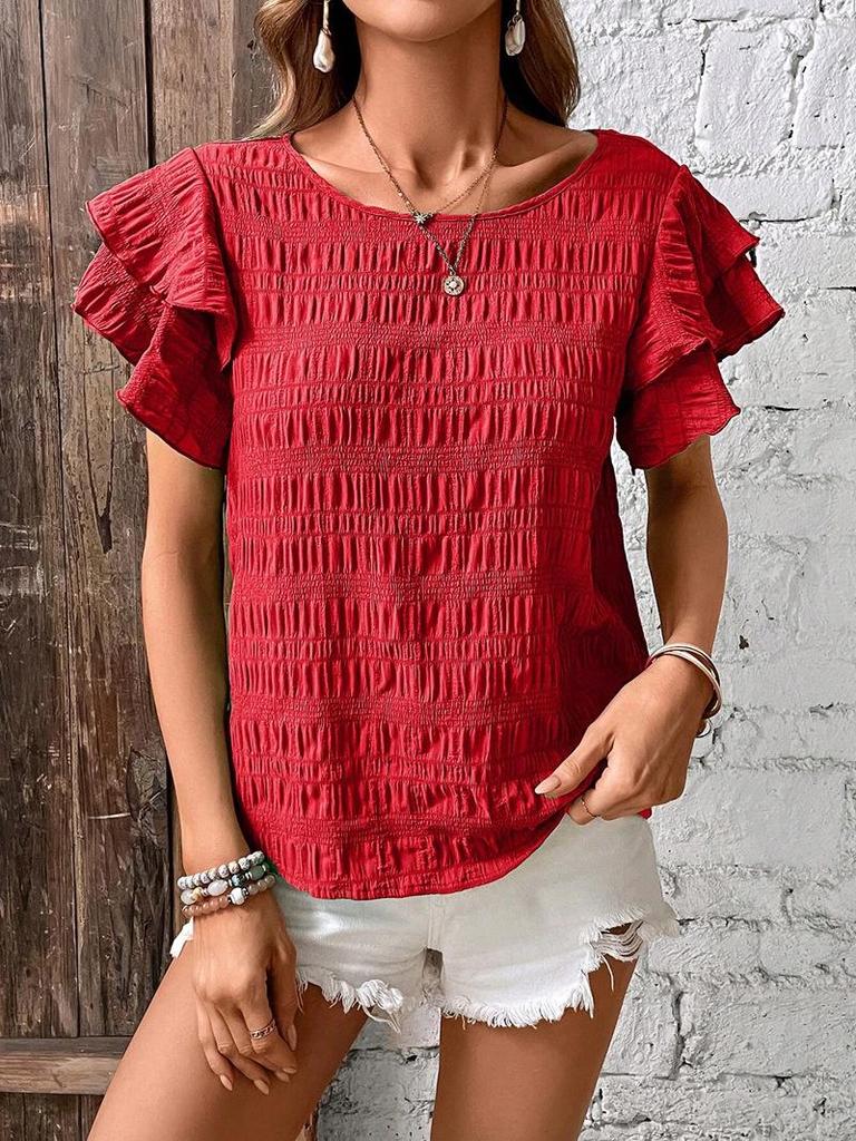 Women's Summer Double-layer Ruffled Sleeve Round Neck Pullover T-shirt