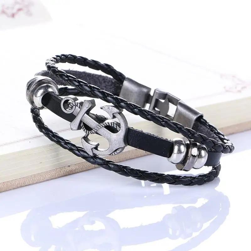 Mens Fashion Decoration Black Leather Anchor Wristband Bracelet Stainless Steel Clap Gift Accessoriescreative Birthday Gifts
