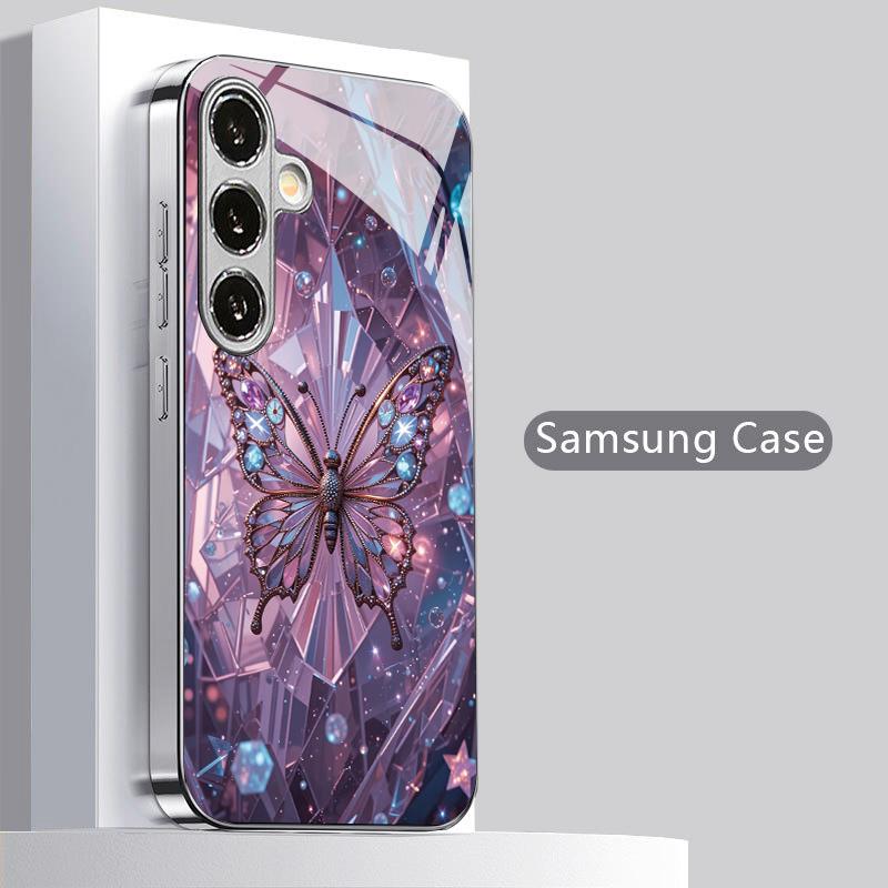 Diamond Butterfly Pattern 2D Phone Case for Samsung S26 S25 S24 S23 S22 S21 S20 A56 A36 A16 Electroplated Glass Protective Cover