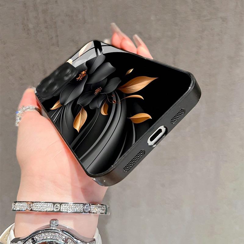 Black Flower Golden Leaf Pattern Tempered Glass Phone Case For iPhone 17 16 15 14 13 12 11 Pro Max 17Air 16E 7 8 Plus XS X Cover