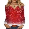 Women's Fashionable Casual V-neck Blouse Button Christmas Printed Long-sleeved Pullover T-shirt Top