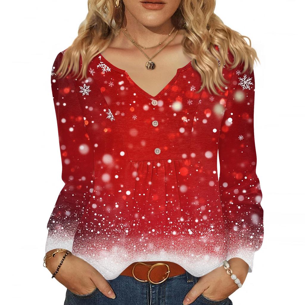 Women's Fashionable Casual V-neck Blouse Button Christmas Printed Long-sleeved Pullover T-shirt Top