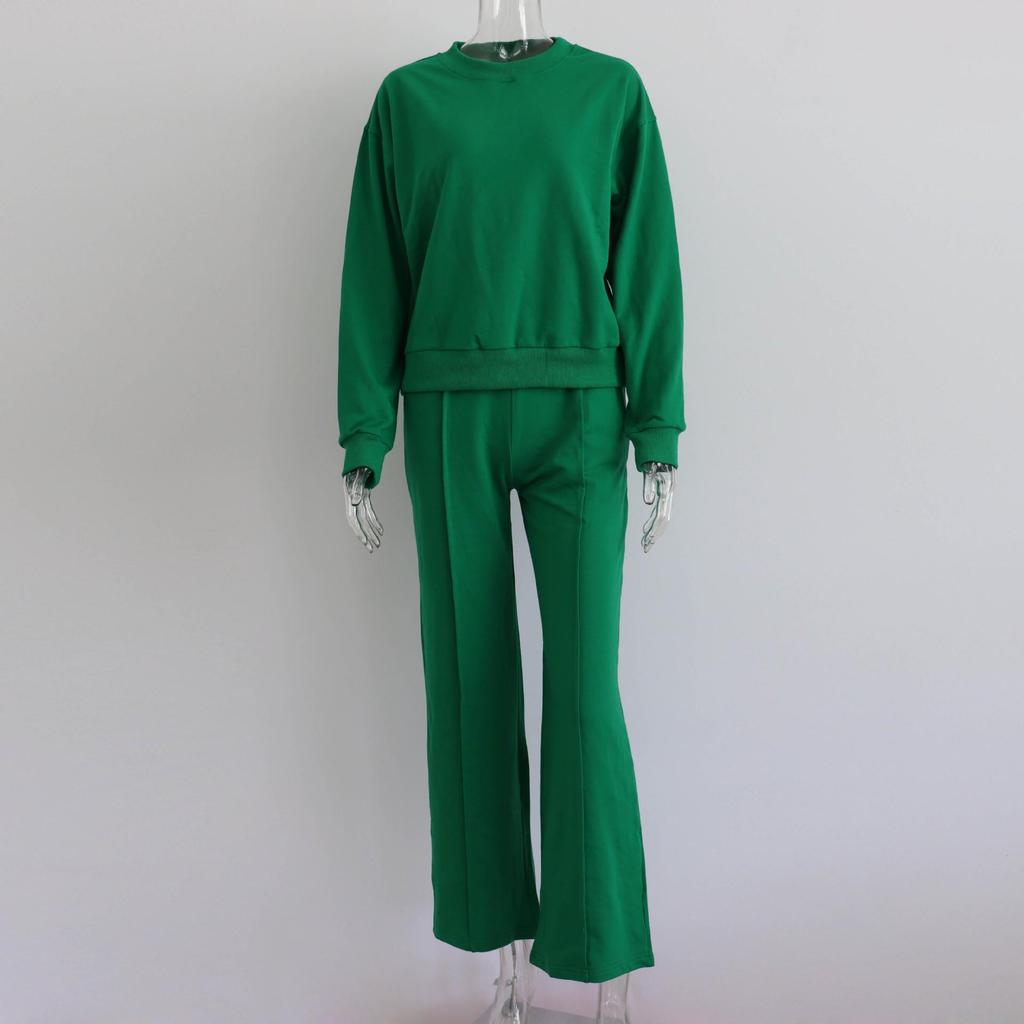 Women Solid Color Long Sleeve O Neck Sweater Suit Autumn Winter Loose Top Wide Leg Pants