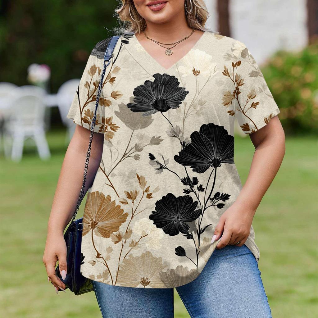 Damska Modna Codzienna Luźna Bluzka Plus Size z Krótkim Rękawem Elegancka z Dekoltem V Do Pracy