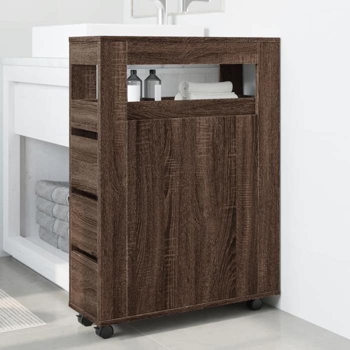 VidaXL Meuble étroit de salle de bain à roulettes chêne marron, rangement de salle de bain étroit, rangement étroit pour 855274